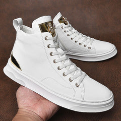 Advbridge Autumn and Winter New Genuine Leather High Top White Shoes Men's All-Matching Fleece-Lined Insulated Cotton-Padded Boots