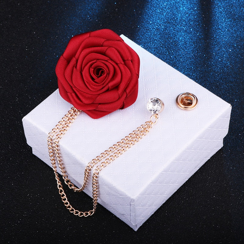 Korean Bridegroom Wedding Brooches Cloth Art Hand-made Rose Flower Brooch Lapel Pin Badge Tassel Chain Men&#39;s Suit Accessories