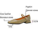 Advbridge New Genuine Leather Mary Jane Women's Shoes LEISURE Buckle Shallow Pumps Square Toe Thick Heel Shoes Woman Zapatos De Mujer