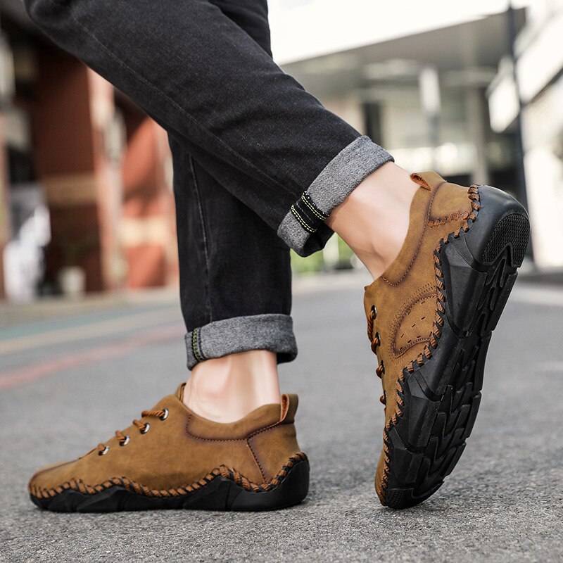 Advbridge Fashion Vintage Handmade Leather Men Shoes New Outdoor Casual Loafers Lace-up Moccasin Tooling Shoes Driving Flat Big Size 38-48