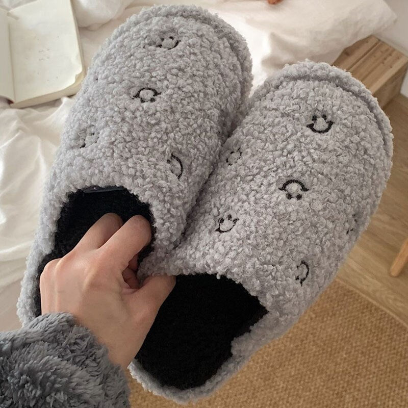 Advbridge New Winter Slippers Woman Autumn  Warm Closed Fluffy Plush Slides Men Indoor Home  Cute Face White Flip Flops Flat Cotton Shoes