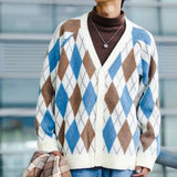 Advbridge Autumn Winter Fashion Casual Men's Loose Tess Cool Boys Knitted Sweater Button Cardigan Coat Solid Patchwork Diamond Plaid Warm