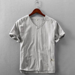Advbridge Men Big Size Summer Cotton Linen Shirt Short Sleeve Simple Comfortable Thin Loose V-Neck Pullover Shirt New