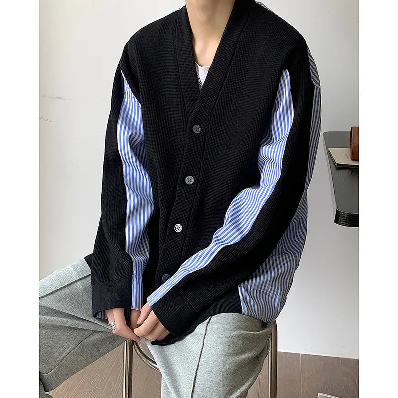 Advbridge High Quality Men's Knitted Sweater Blue Striped Patchwork Loose Casual V-neck Single-breasted Cardigan Coat Autumn New