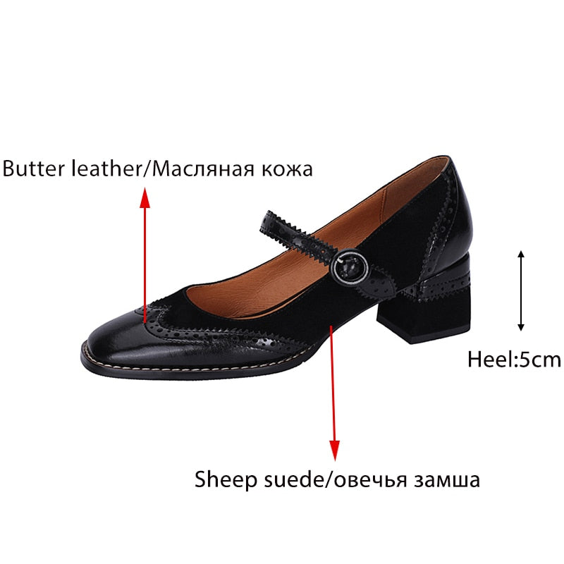 Advbridge Genuine Leather Mary Jane Women's Shoes Fashion Retro Buckle Shallow Pumps Square Toe Thick Heel Handmade Shoes Woman Size 34-40