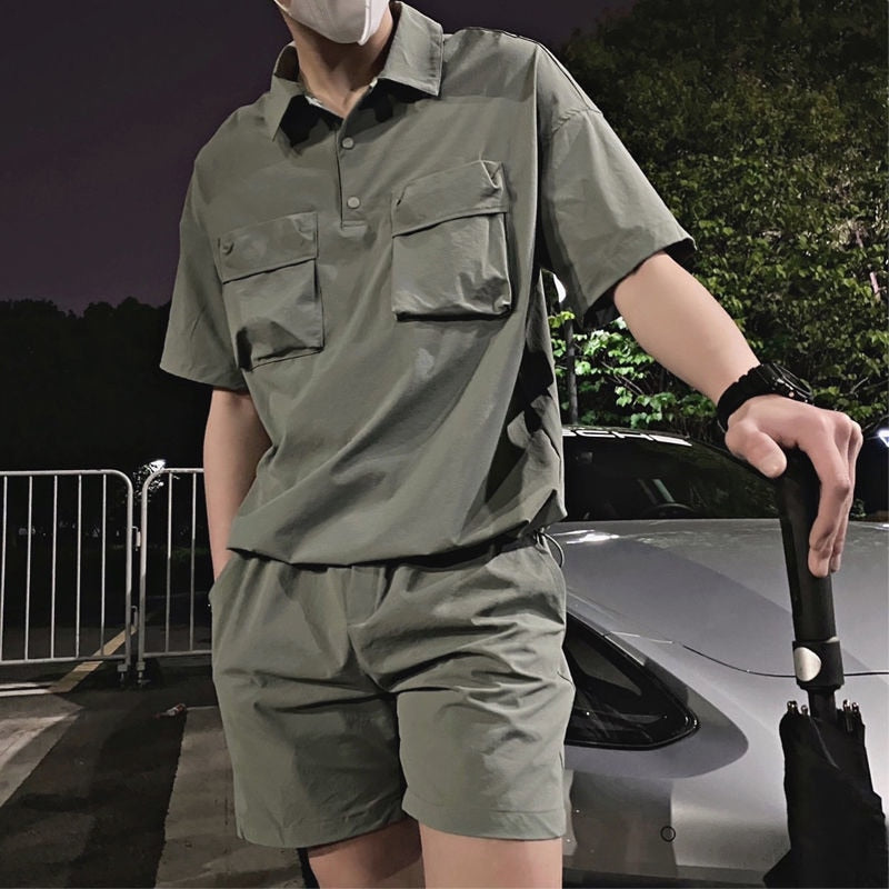 Advbridge Summer 2 Piece Set Short Sleeve Polo Shorts Army Green Big Pocket Men's Sports Suit Casual Social Street Wear Men Sets Clothing