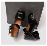 Advbridge Women Patent Leather High Heel Mary Janes Shoes Vintage Buckle Platform Lolita Shoes Ladies Pumps Female Square Toe Casual Shoes