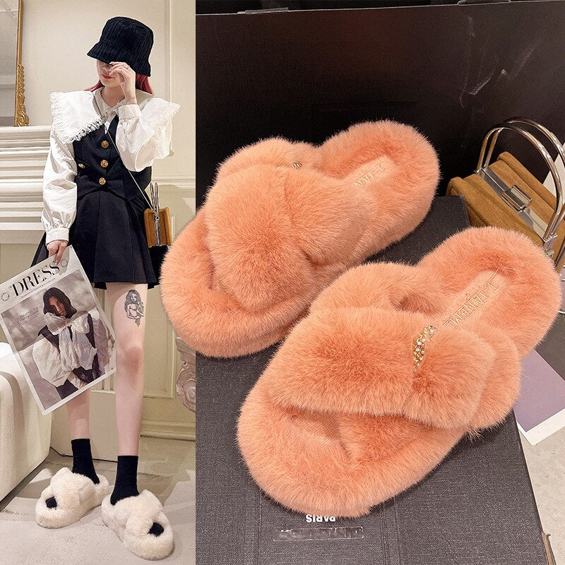 Advbridge Winter Women Fur Slippers Platform Indoor Non Slip Rubber Sole Slides Buckle Decoration Fashion Girl Shoes Ladies Flock Zapato