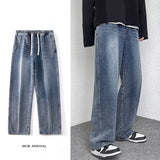 Advbridge New Men's Wide Leg Jeans Baggy Fashion Oversized Elastic Waist Vintage Bleached Straight Denim PantsTrousers Male Streetwear