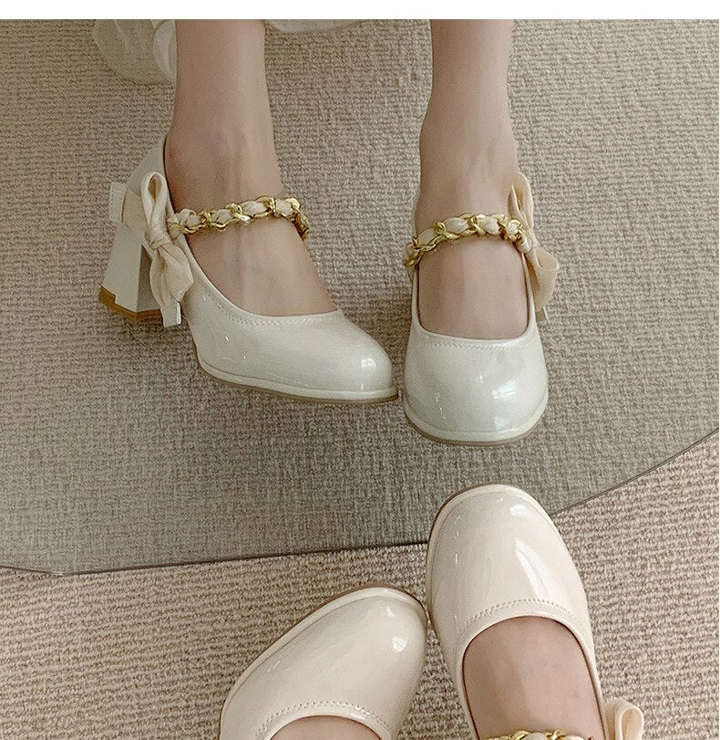 Advbridge Leather Mary Janes Shoes Women Platform Butterfly Knot Decorate Ladies High Heels Shoes Pumps Woman Elegant Retro White New