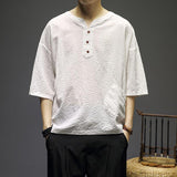 Advbridge Summer New Round Neck Temperament Men's Loose Fashion Youth Half Sleeve Solid Color Breathable Spliced Pocket Tang Shirt