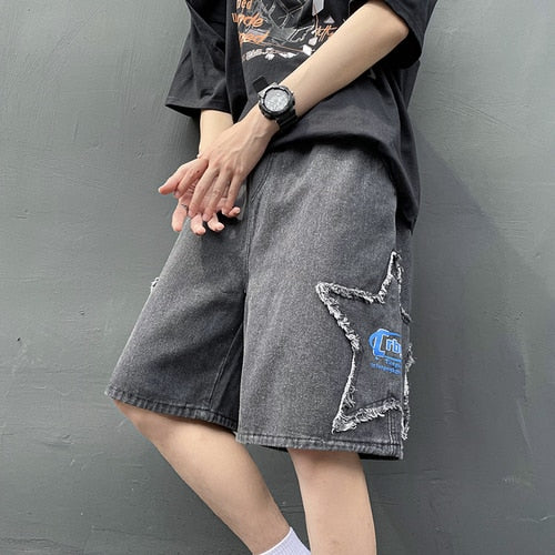 Advbridge Ripped Stars Patch Jeans Shorts for Men Summer Korean Fashion Trends Streetwear Bottoms Teenage Baggy Denim Pants Gothic Clothes