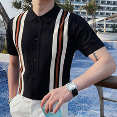 Advbridge Summer Man Ice Silk Short Sleeve  Polo Shirt Men British Slim Lapel Knitted Cardigan Casual Stripe Polo Shirt Polo Camisa Hombre