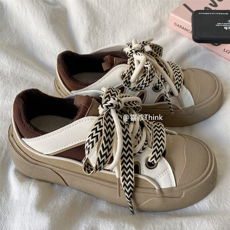 Advbridge INS Brand Leather Sneakers For Women 2023 Platform Beige Chunky Woman Sports Sneakers Casual Lace Up Flats Ladies Sneakers Brown