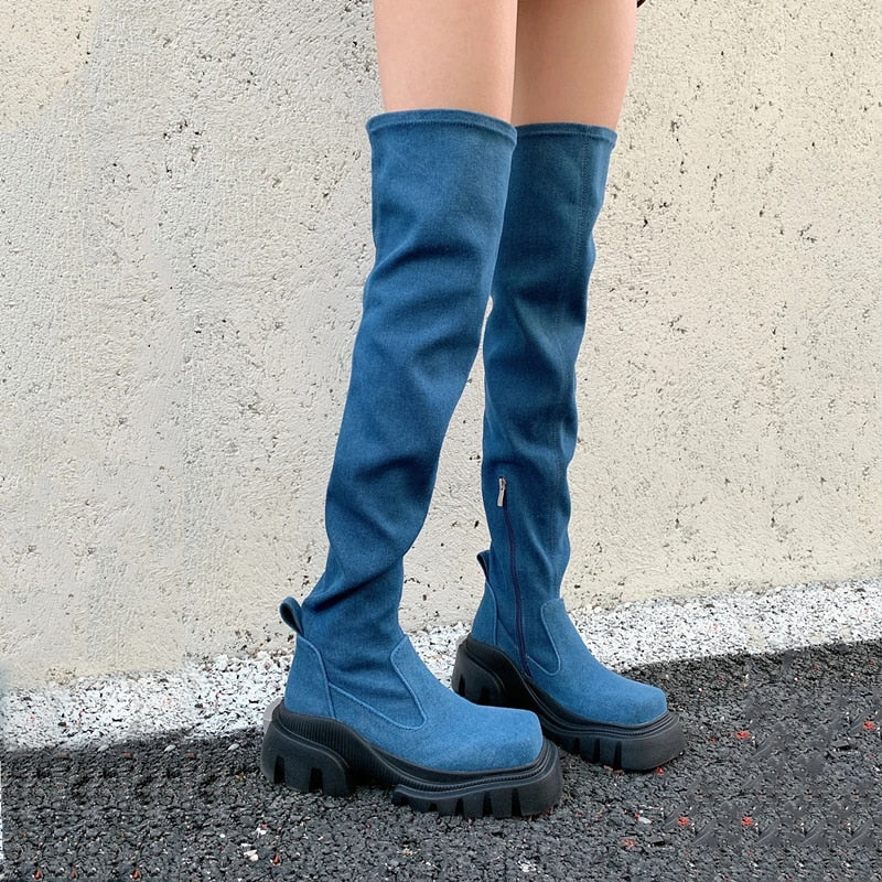 Advbridge New Over Knee Boots Square Toe Tall Elastic Boots Solid Color Denim Rider Boots For Woman