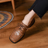 Advbridge Spring Autumn Vintage Simple Shoes Ladies Cowhide Soft Leather Lace-Up Flats Low Heel SquareToe British Style Daily Shoes Woman