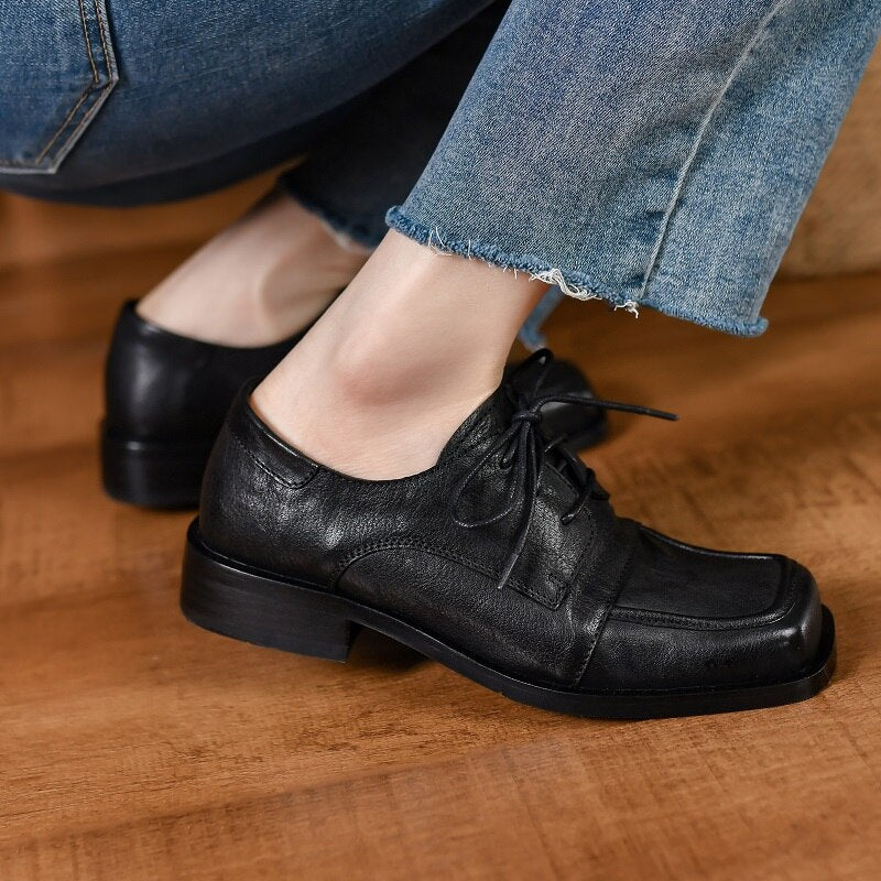 Advbridge Spring Autumn Vintage Simple Shoes Ladies Cowhide Soft Leather Lace-Up Flats Low Heel SquareToe British Style Daily Shoes Woman