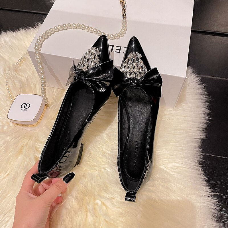 Advbridge 2023 new Spring women pumps natural leather 22-24.5cm length cowhide+pigskin pointed toe crystal  bowknot shoes for women