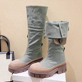 Advbridge Retro Denim Chunky Platform Boots Women Autumn Patchwork Western Style Cowboy Boots Woman Thick Heels Mid Calf Botas