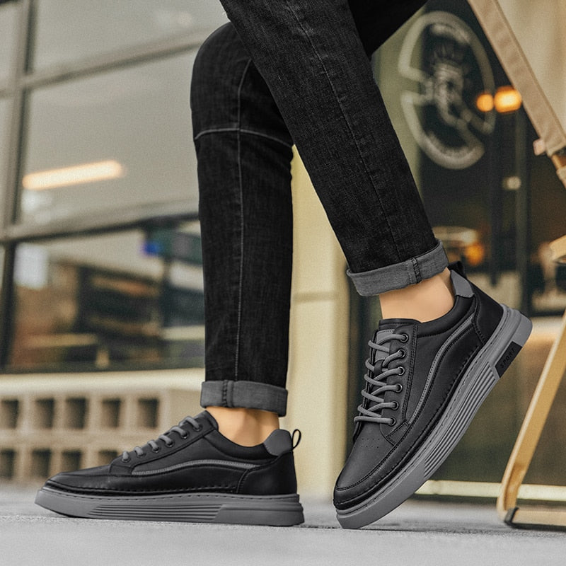 Advbridge Fashion Mens Casual Shoes Simple Leather Men Sneakers Youth Teenage Vulcanize Shoes Comfortable Male Skateboard Footwear Lace-Up
