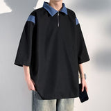 Advbridge Denim Patchwork Waffle Polo Shirts for Teenage Fashion Trends Oversized Streetwear Mens Loose Fit Golf Tees Casual Pullover Tops