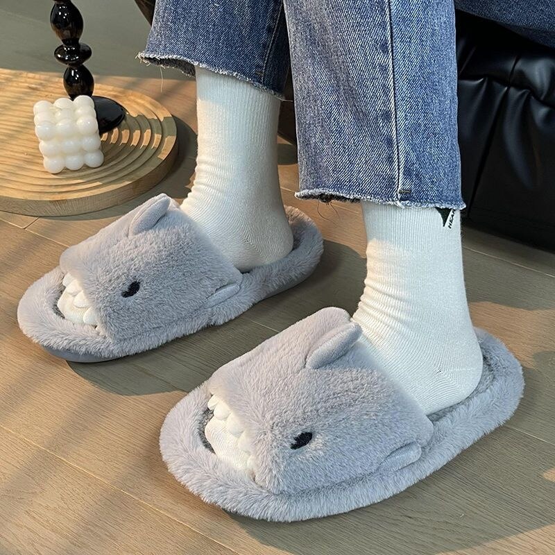 Advbridge Cartoon Miniso Winter Plush Shark Slipper Y2k Girl Fashion Casual Indoor Warm Cute Shoes Women Couple Soft Thick Trendy Shoes