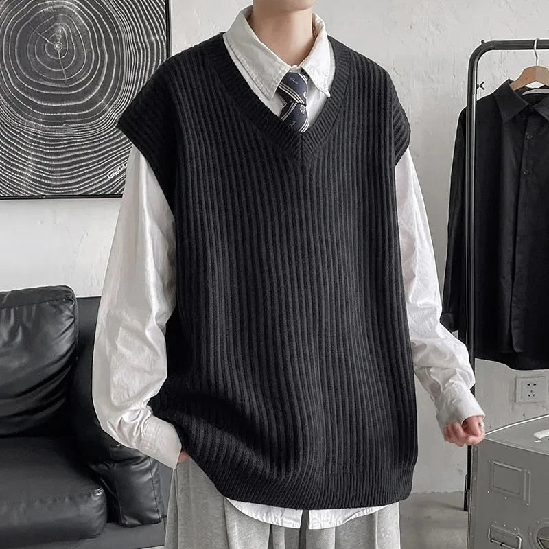 Advbridge Spring Autumn Winter Fashion Solid Casual Pullover Tess Vest Men Loose Knitted Top Student Preppy Style Sweater Gentle PlusSize