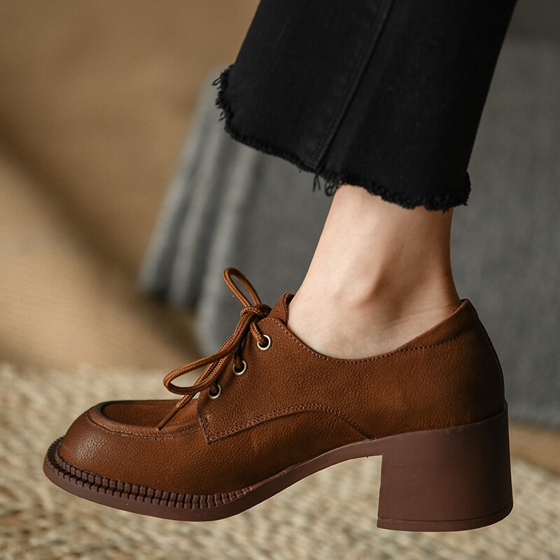 Advbridge Ladies Loafers 5.5 CM Spring Autum Lac-Up Simple Shoes On Thick Square HeelWomen Retro Pump Cowhide Big Toe Pumps British Style