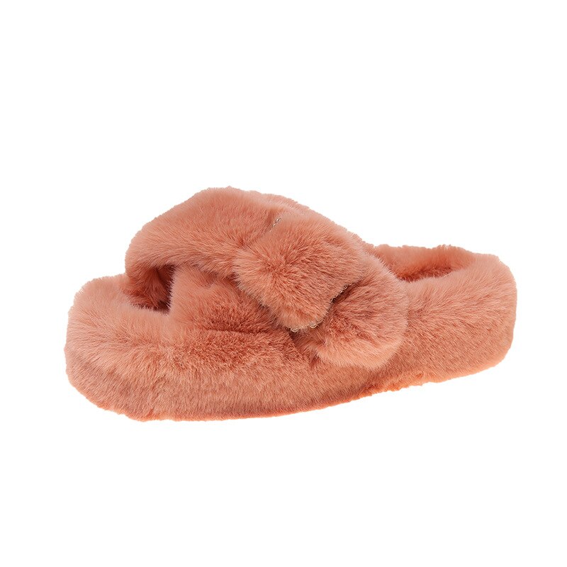 Advbridge Winter Women Fur Slippers Platform Indoor Non Slip Rubber Sole Slides Buckle Decoration Fashion Girl Shoes Ladies Flock Zapato