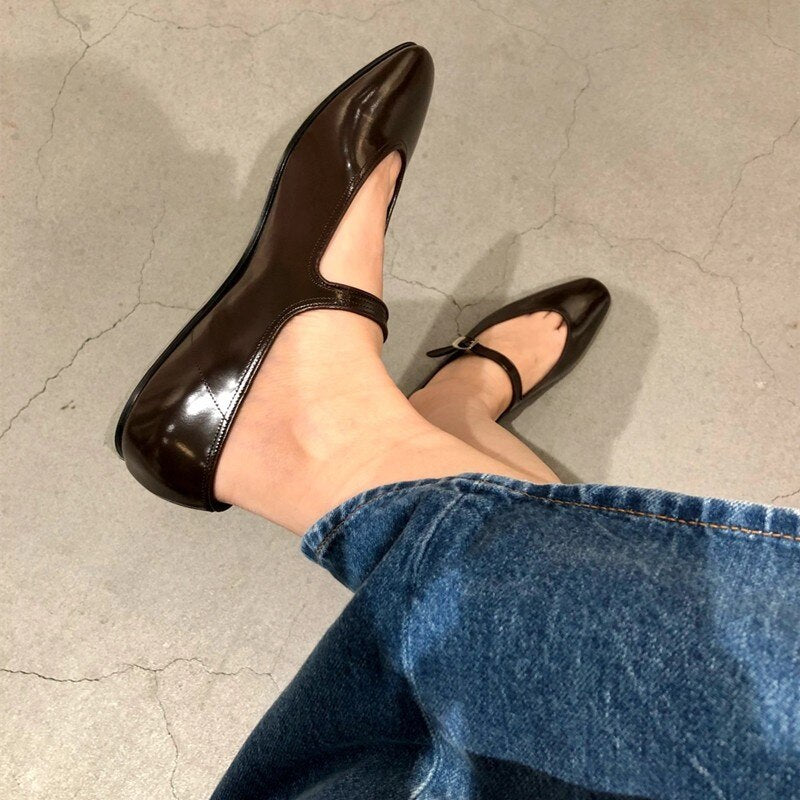 Advbridge Early Spring New Square Toe Flat Pumps One-word Buckle Single Shoes Women's Mary Jane Shoes