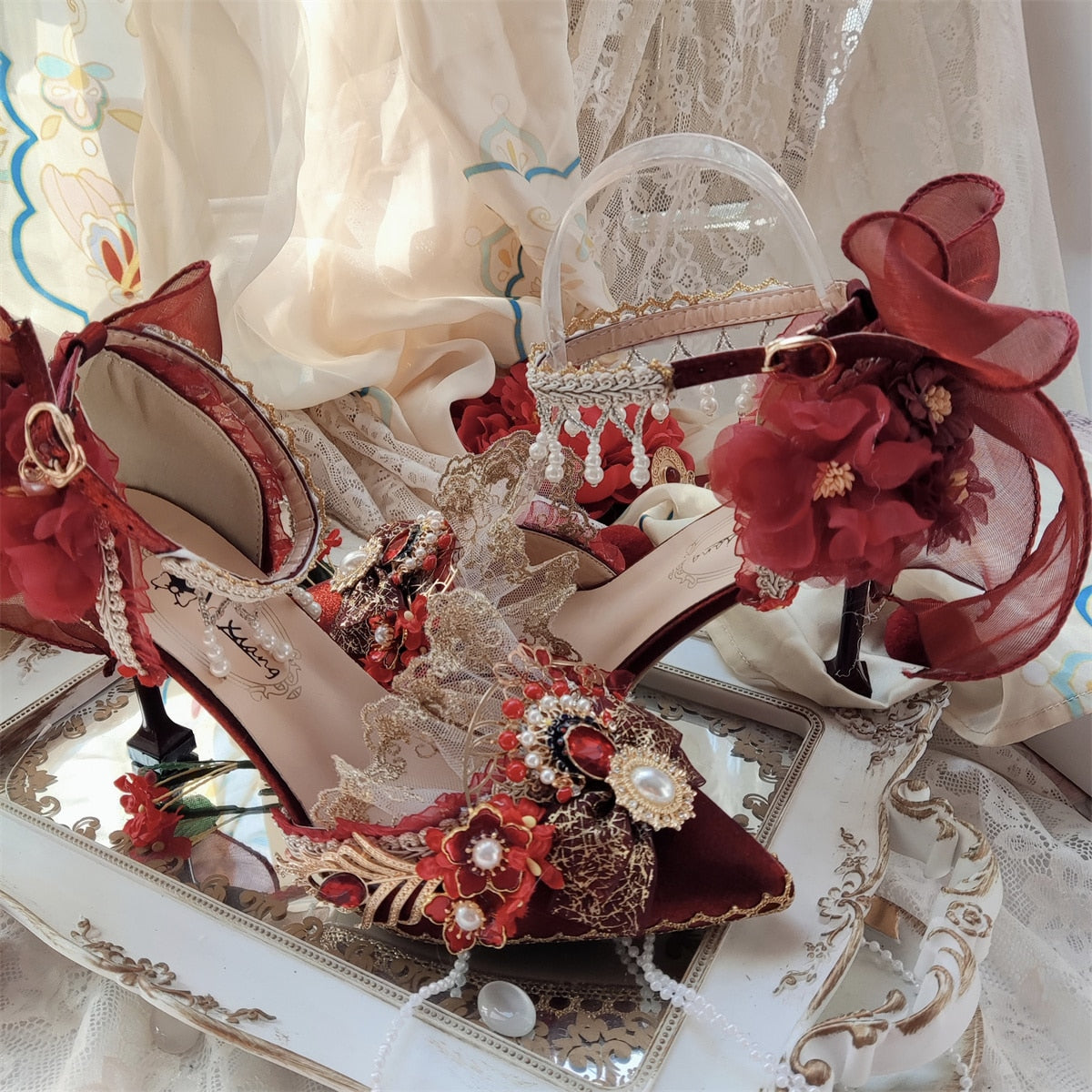 Advbridge Chinese Style Cosplay Girl Shoes Gorgeous Wedding Lace Embroidery Pearl Gem Flower Phoenix Feather Pointed 5-7cm High Heel Shoes
