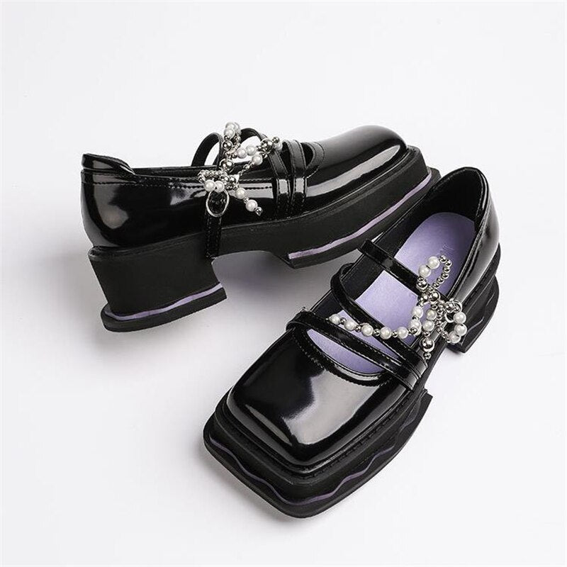 Advbridge Women Square Toe Mary Janes Shoes Pearl Decoration Ladies Loafers Female Platform Lolita Shoes Gothic Punk Pumps