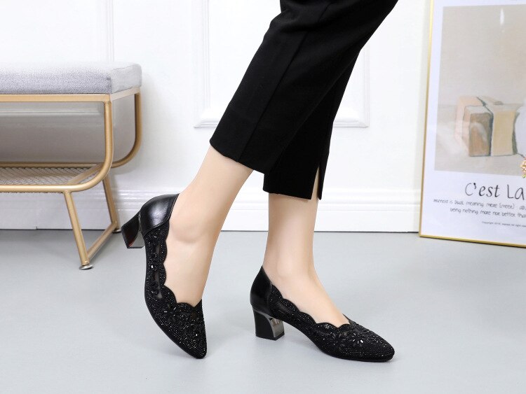 Advbridge Summer Fashion Hollow Out Genuine Leather Pumps Women Shoes Med Heels Square Diamond Mesh Ladies Office  Crystal Pointshoes