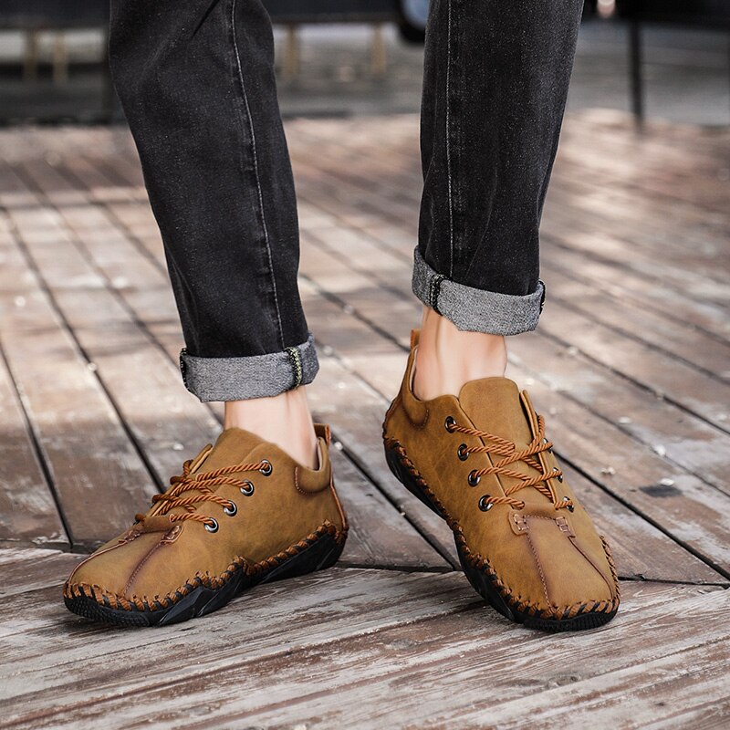Advbridge Fashion Vintage Handmade Leather Men Shoes New Outdoor Casual Loafers Lace-up Moccasin Tooling Shoes Driving Flat Big Size 38-48