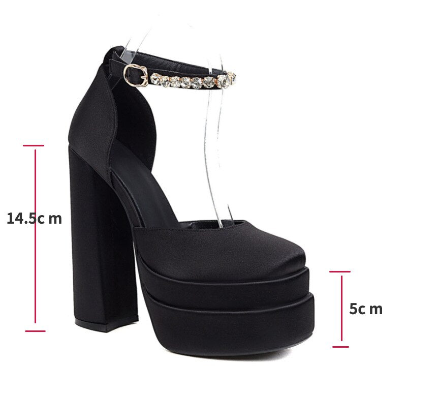Advbridge Women New Suede Leather Thick Heel Low-top Square Pumps Diamond Ankle Strap Buckle Shoes