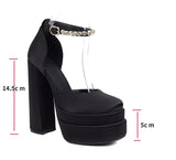 Advbridge Women New Suede Leather Thick Heel Low-top Square Pumps Diamond Ankle Strap Buckle Shoes
