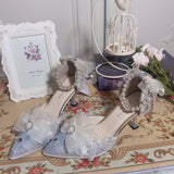 Advbridge Pearl Chain Sweet Lace Bowknot Elegant Princess  Pointed Sandals Lolita Shoes Silver Wedding Tea Party Cosplay Lolita Shoes