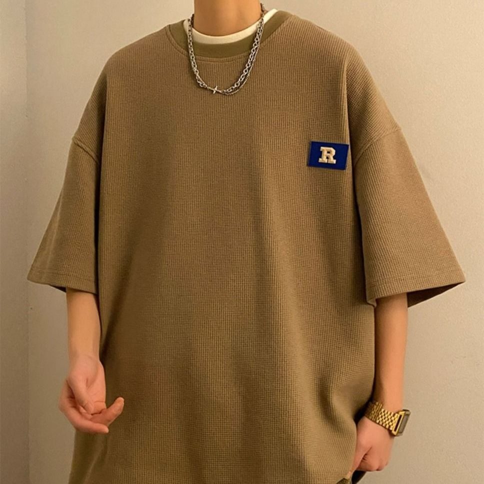 Advbridge Summer Solid Casual Loose Tess T-Shirts Men'S Top Simple Breathable Waffle Pullover Prints R Short Sleeve Sport Cool Boys