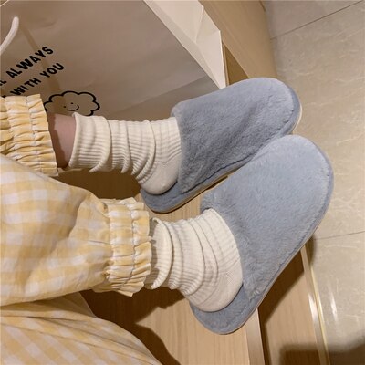 Advbridge Japanese Simple Solid Color House Slippers For Women Girls Cute Fluffy Winter Warm Home Slippers Woman Fur Shoes