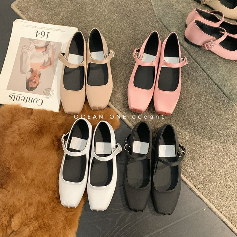 Advbridge 2023 NEW Classic Silk Ballet Shoes Buckle Strap Ballet Shoes Women Square Toe Simple Women Flats Elegant Valentine Shoes