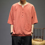 Advbridge Summer New Round Neck Temperament Men's Loose Fashion Youth Half Sleeve Solid Color Breathable Spliced Pocket Tang Shirt