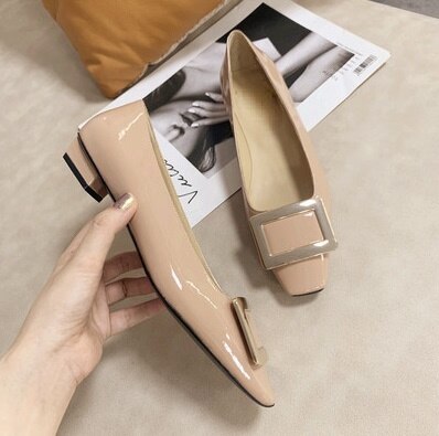 Advbridge Autumn and Winter Women's Shoes Patent Leather Square Toe Thick Heel High Heels Mid-heel Square Buckle  Wedding Shoes