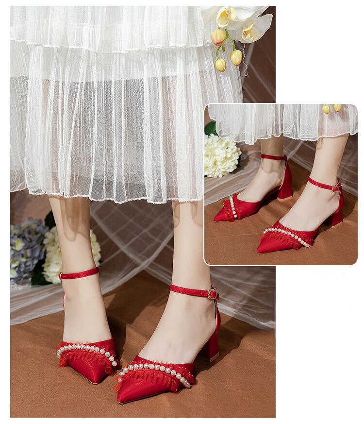 Advbridge Elegant Wedding Shoes Women Korean Style Pearl Ankle Strap Chic Bridal Shoes Female Satin Casual Medium Heels Shoes Autumn