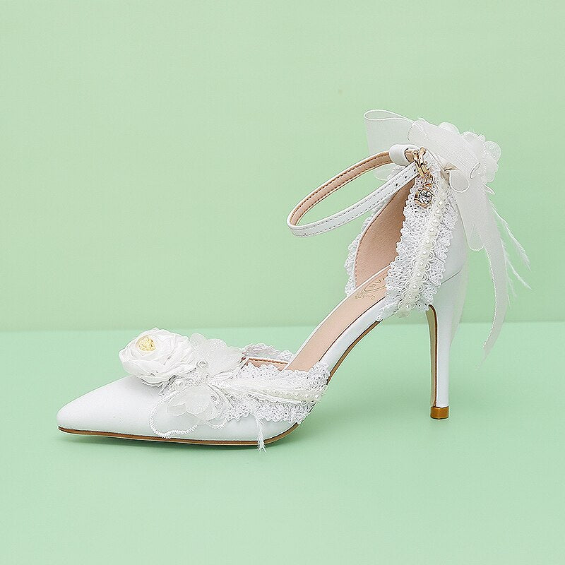 Advbridge French Elegant Bride Lolita Lace Bowknot Pearl Point Baotou Sandals One Word Flower Wedding Lo Wedding Shoes