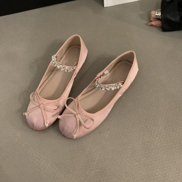 Advbridge 2023 NEW Spring/Autumn Bow Silk Satin Ballet Flats Women Elastic Brand Cross Mary Jane Shoes Round Toe Rhinestones Shoes