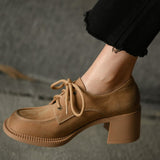 Advbridge Ladies Loafers 5.5 CM Spring Autum Lac-Up Simple Shoes On Thick Square HeelWomen Retro Pump Cowhide Big Toe Pumps British Style