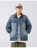 Advbridge Winter Men's Solid Casual Loose Pockets Old Washed Denim Jacket Retro Corduroy Splicing Design Coat Jacket