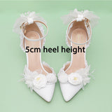 Advbridge French Elegant Bride Lolita Lace Bowknot Pearl Point Baotou Sandals One Word Flower Wedding Lo Wedding Shoes
