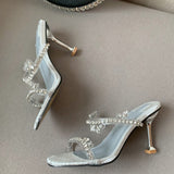 Advbridge New Crystal Rhinestone PVC Transparent Slippers Women Slide Square Toe Strange High Heels Sandals Party Wedding Shoes