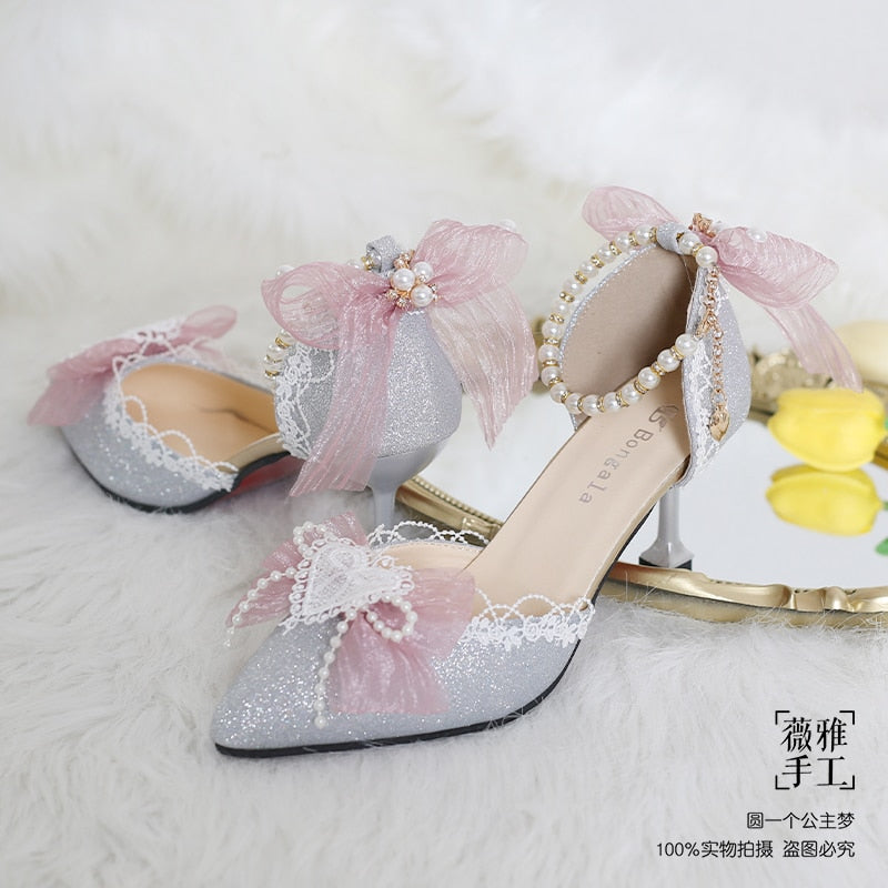 Advbridge Kawaii Girl Tea Party Elegant Pearl Love Lace Bowknot Lolita Shoes Multicolor Exquisite Embroidery Pointed Sandals Cosplay Lolit